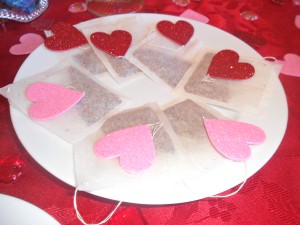 tea bags with sparkly heart tags